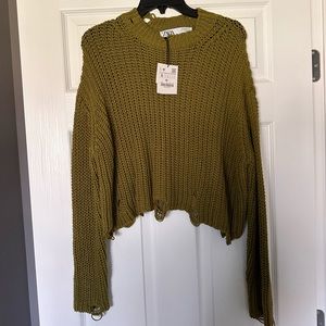 Zara Knit Olive Green Distressed Sweater